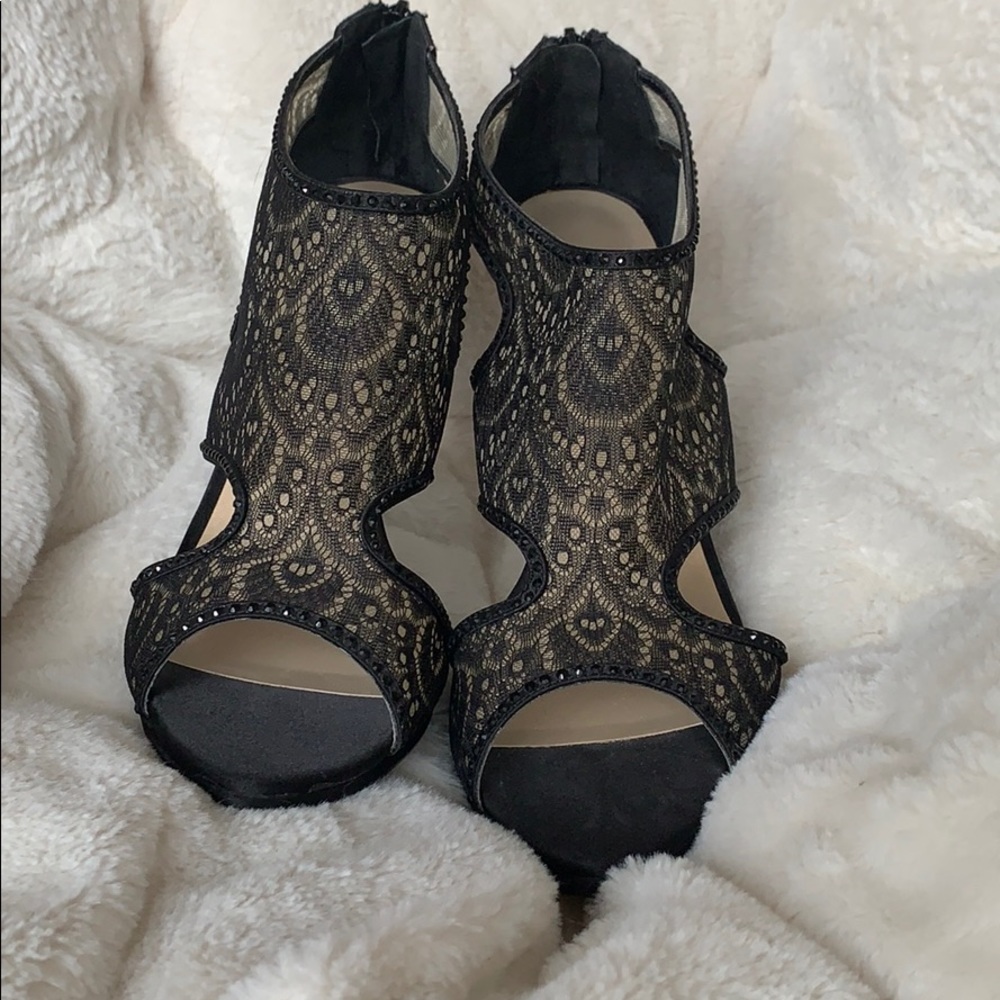 Caparros black lace crystal satin 4in heels